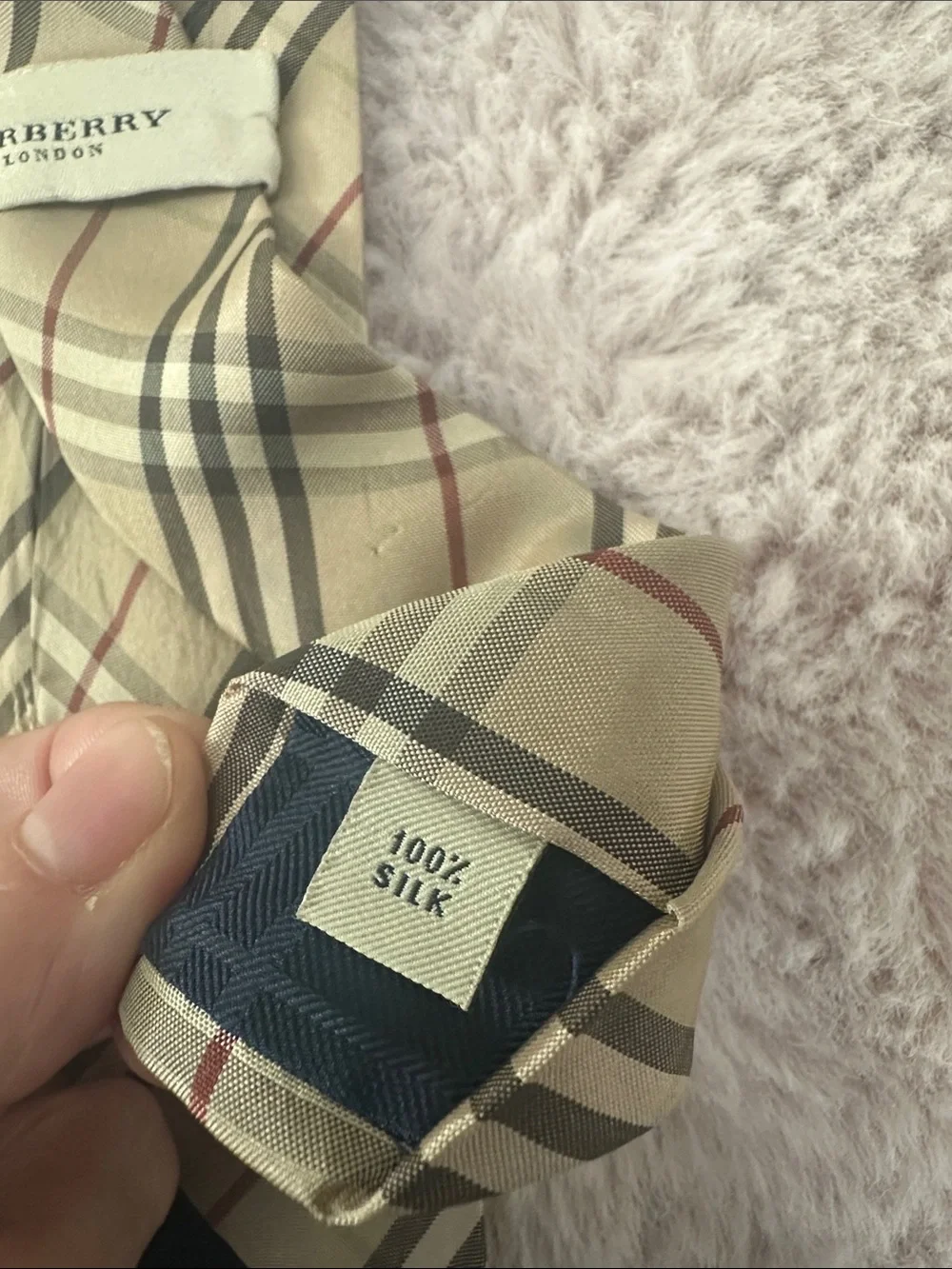 Burberry Beige Plaid Silk Tie with Black, White and Red Accents